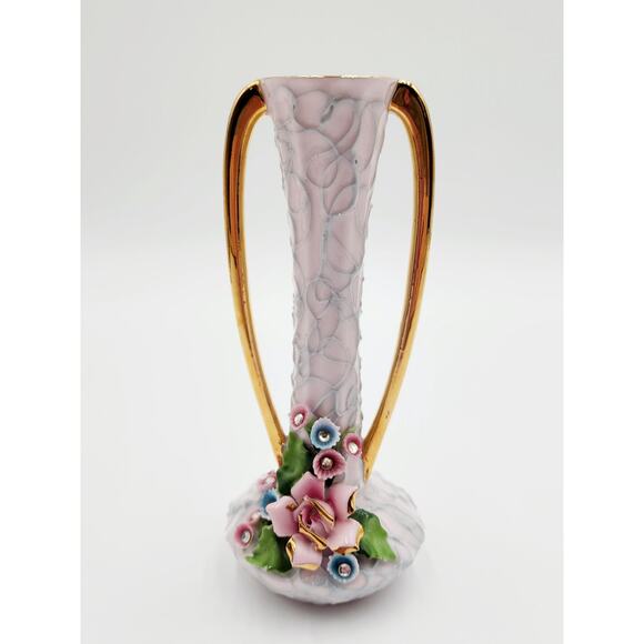 VTG Japanese Pink Floral Vase adorned with pink and blue flowers guilded handles - Picture 2 of 8